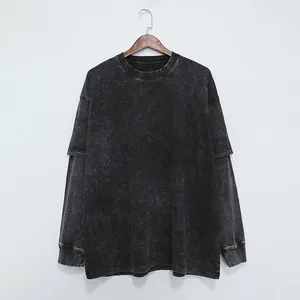 Vintage washed charcoal gray fake two-piece long sleeve T-shirt with oversized fit