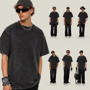 Men's Heavyweight Oversized Vintage Washed Cotton Crewneck Short Sleeve T-Shirt Loose Fit Casual Drop Shoulder Tee