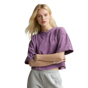 Stylish vintage washed purple cropped T-shirt in heavy pure cotton for women fashion