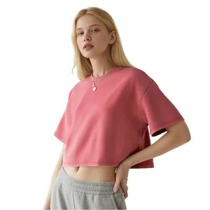 Vintage distressed washed cotton crop top T-shirt for women in terracotta pink shade