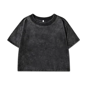 Distressed dark grey acid wash cropped T-shirt for women in loose premium cotton style
