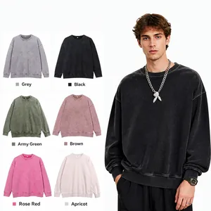 Vintage Washed Oversized Round Neck Sweatshirt Cotton Heavyweight French Terry Pullover Loose Fit Long Sleeve Top For Men Women