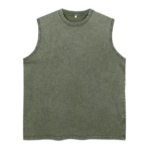 Men's washed distressed oversized tank top in olive green with a classic round neck.