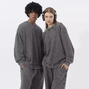 Vintage washed oversized grey crewneck sweatshirt and sweatpants set for men and women