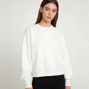 Minimalist white cropped round neck sweatshirt for women in a premium loose fit style
