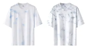 Vista detallada de dos camisetas de algodón con teñido anudado en blanco y azul