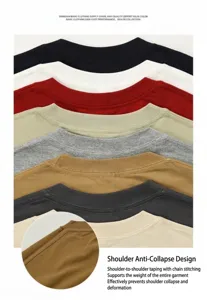 Detail von Rundhalsausschnitt und verstärkter Schulternaht an 230g Baumwoll-T-Shirts.