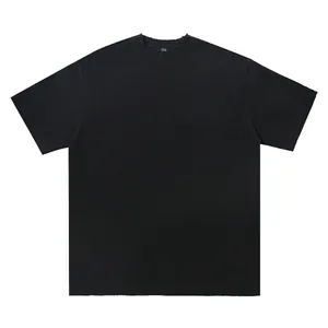 Detailed view of 420g heavyweight black distressed cotton T-shirt with frayed edges