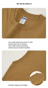 Nahaufnahme des doppelgenähten Halsausschnitts und der Schulterverstärkung bei Baumwoll-T-Shirts