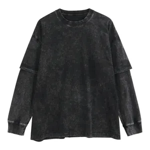 Vintage washed charcoal grey oversized faux two-piece long sleeve cotton T-shirt for men