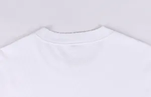 Close-up of distressed crew neckline on a premium white 420g heavyweight cotton T-shirt