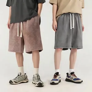 Vintage washed cotton gym shorts for men, loose casual style with adjustable drawstring
