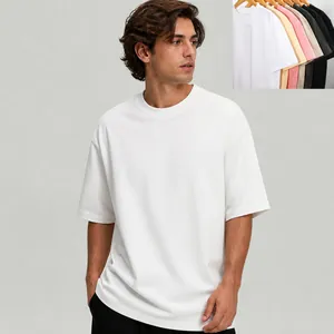 T-Shirt en Coton Poids Lourd pour Hommes Oversize Épaules Tombantes Coupe Large Couleur Unie Manches Courtes