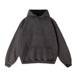 Vintage washed distressed oversized hoodie in charcoal grey with front kangaroo pocket