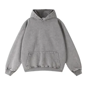 Vintage washed grey oversized hoodie with kangaroo pocket and high-quality distressed finish