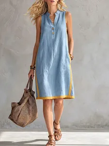 Casual blue cotton linen sleeveless dress featuring yellow trim and a V-neckline button detail