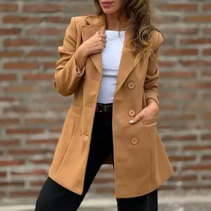 Women's European Fashion Wool Blend Lapel Suit Coat Autumn Winter Thick Warm Splicing Button Outerwear Top