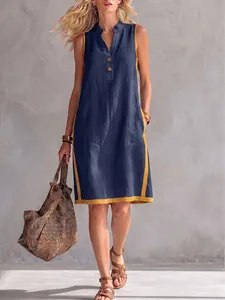 Casual sleeveless V-neck cotton linen dress with contrast trim and button detail