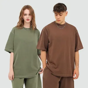 Premium heavyweight vintage washed cotton oversized T-shirt for men in olive and brown