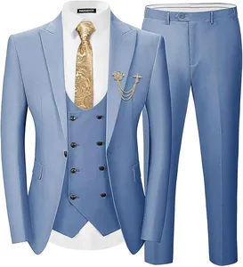 Elegante abito da uomo 3 pezzi azzurro slim fit completo di giacca, gilet e pantaloni