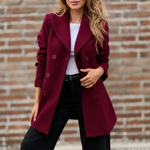 Elegant burgundy wool lapel blazer coat for women in a stylish street style setting