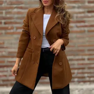 Elegant women's double-breasted camel woolen coat with lapel collar for autumn winter