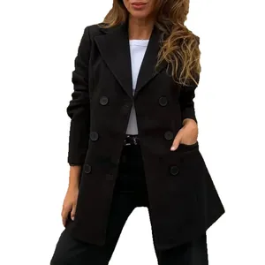 Elegant black double-breasted woolen coat for women with lapel collar and buttons
