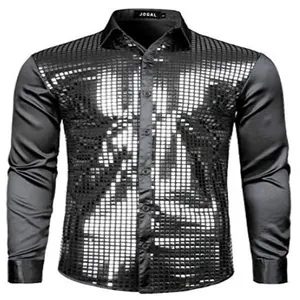 Detailed view of the black sequin texture and satin fabric on this men's fashion shirt.