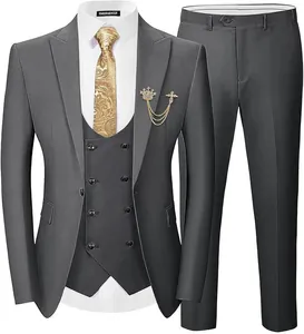 Vista dettagliata dell'abito da uomo grigio a 3 pezzi slim fit con giacca e gilet