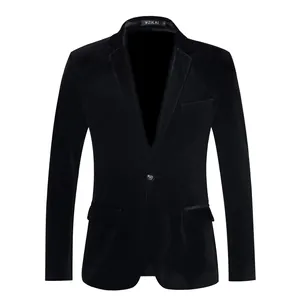 Premium men's slim fit black velvet blazer jacket with elegant single button closure