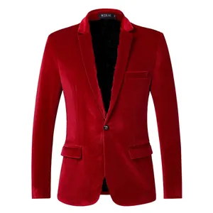 Close-up detail of the fabric and finish on a slim-fit men's red velvet blazer jacket