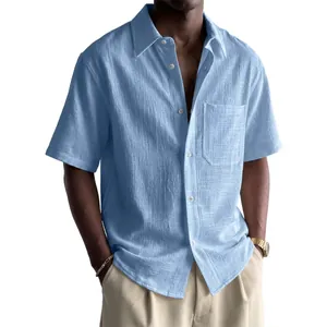 Camisa Informal de Manga Corta de Algodón y Lino para Hombre Corte Holgado Top con Botones Con Bolsillo Moda de Verano Color Sólido Camisa Transpirable Smart Casual para Hombre