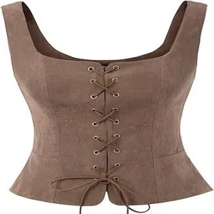 Damen Renaissance Pirat Weste Korsett Top Wollimitat Vintage Schnürung Wespentaille Cosplay Kostüm Mittelalter Weste Top
