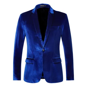 Front view of a blue slim fit velvet blazer for men featuring a single button closure.