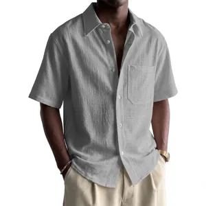 Camisa informal de hombre en algodón y lino con bolsillo en el pecho, gris claro