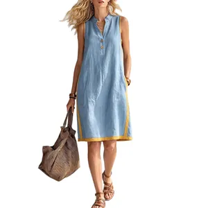 Casual sleeveless V-neck loose cotton linen summer dress in light blue with yellow trim