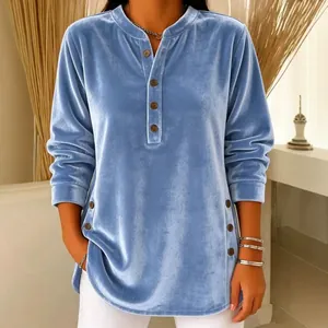 Women's Casual V-Neck Button Velvet T-Shirt Long Sleeve Loose Top For Autumn Winter Solid Color Leisure Blouse For Ladies