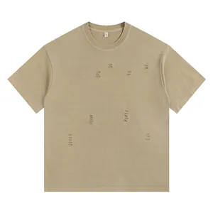 Oversized heavyweight washed t-shirt with distressed holes in khaki