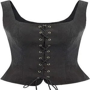 Nahaufnahme des schwarzen Schnürkorsetts im Renaissance-Stil für Cosplay-Kostüme
