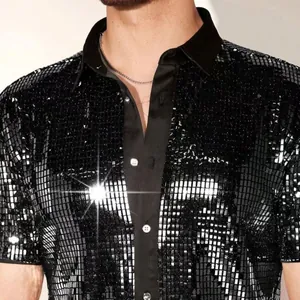 Close-up detail of black sequin short sleeve shirt for men showing sparkling texture.