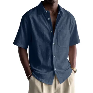 Camisa informal de algodón y lino azul para hombre con manga corta y bolsillo ancho