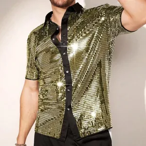 Close-up detail of men's trendy gold sequin short sleeve shirt with black collar