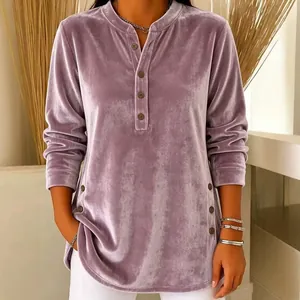 Elegant women's dusty purple velvet long sleeve top with V-neck button details