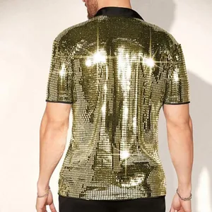 Back view detail of men's sparkling gold sequin short sleeve shirt with black collar
