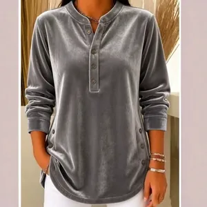 Elegant grey velvet long sleeve top with buttoned Henley neck for women.