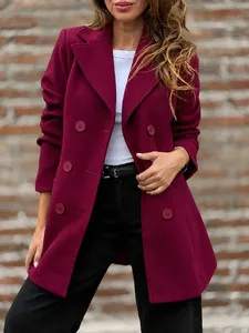 Elegant magenta wool blend lapel coat with double-breasted buttons for women