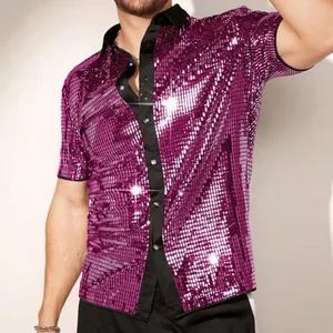 Detail view of men's purple sequin short sleeve shirt with black collar for party wear