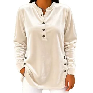 Elegant white velvet long-sleeve blouse with button details for women's casual autumn wear