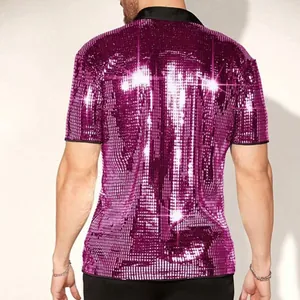 Close-up back view of a men's purple sequined polo shirt showing sparkle details