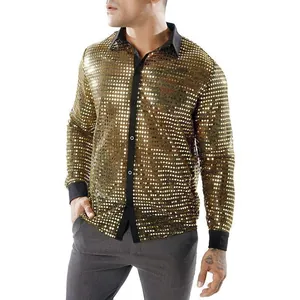 Detailansicht des goldenen Paillettenhemdes für Herren für 70er-Jahre-Disco-Partys